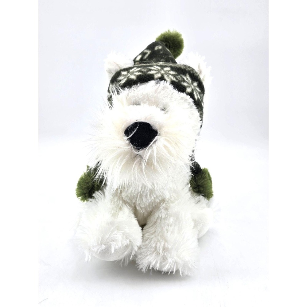 Aurora White Dog Plush Green Winter Hat Snowflake Pom Pom Stuffed Animal